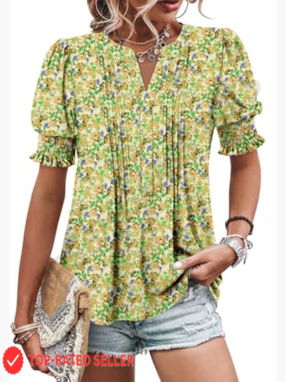 Dressy Casual Top Puff Sleeve Pleated Blouse Loose Trendy Summer Shirt V-Neck - Picture 4 of 7